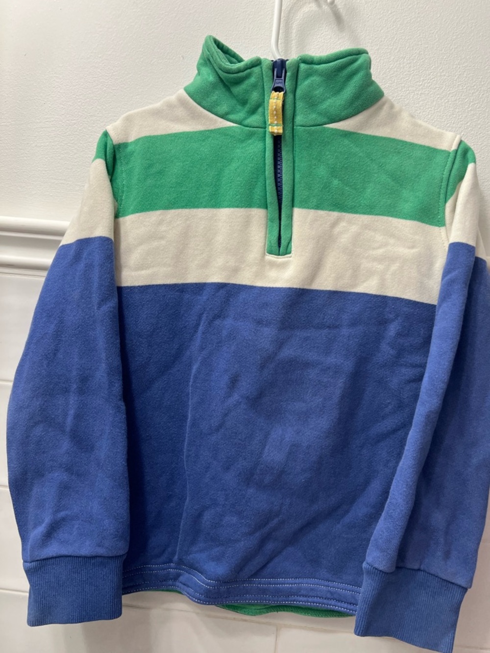 Mini Boden Colorblock Half-Zip Fleece Pullover in Green, Cream & Blue